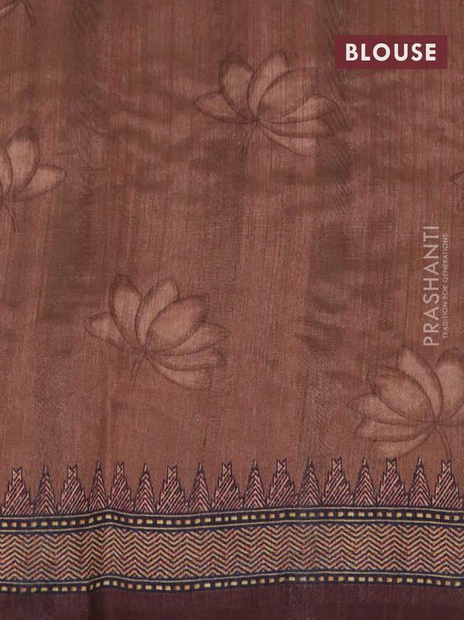 Semi tussar saree pastel green and brown with kalamkari prints & mirror embroidery work and vidarbha style border