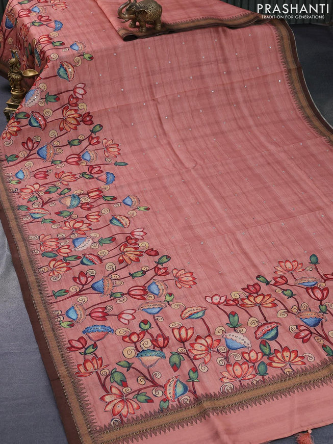 Semi tussar saree pastel peach and brown with kalamkari prints & mirror embroidery work and vidarbha style border