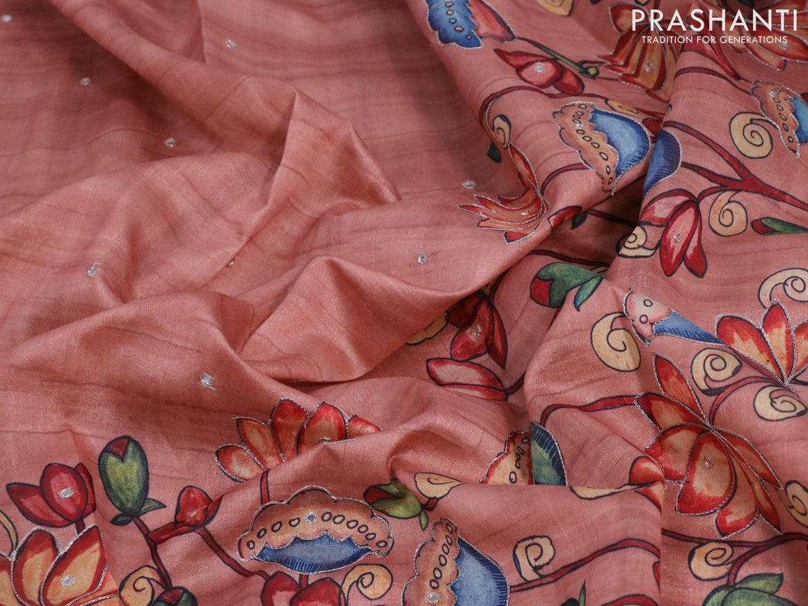 Semi tussar saree pastel peach and brown with kalamkari prints & mirror embroidery work and vidarbha style border