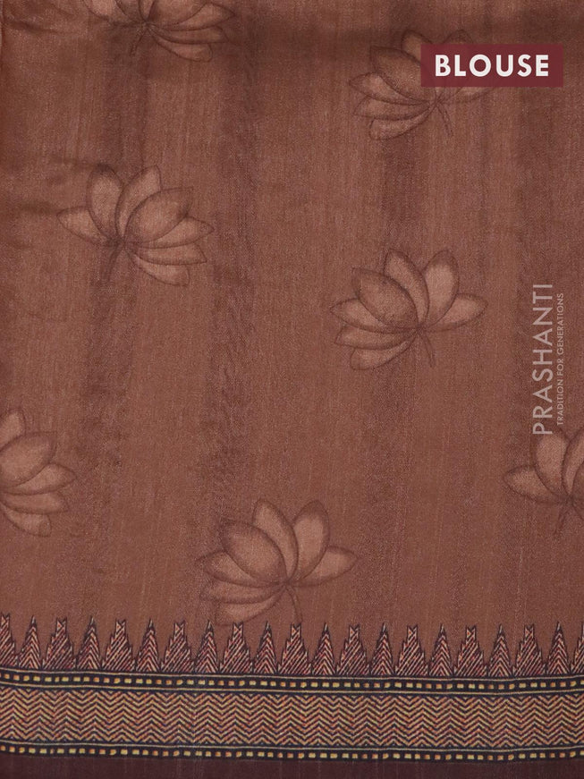 Semi tussar saree pastel peach and brown with kalamkari prints & mirror embroidery work and vidarbha style border