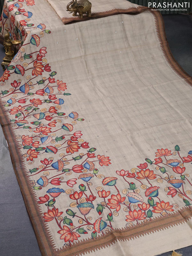 Semi tussar saree beige and brown with kalamkari prints & mirror embroidery work and vidarbha style border