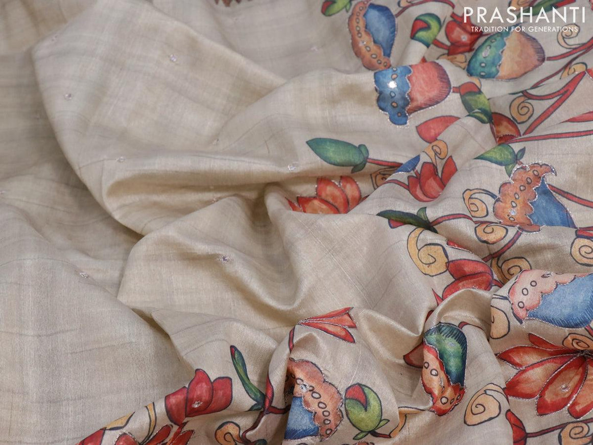 Semi tussar saree beige and brown with kalamkari prints & mirror embroidery work and vidarbha style border