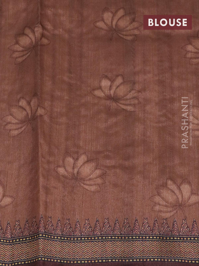 Semi tussar saree beige and brown with kalamkari prints & mirror embroidery work and vidarbha style border