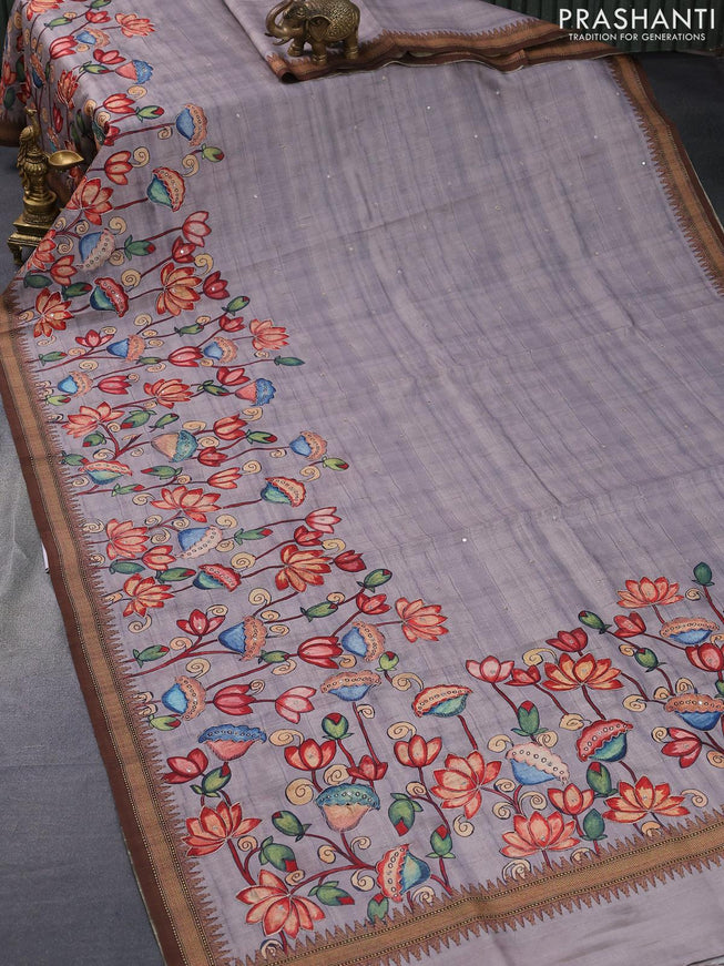 Semi tussar saree grey and brown with kalamkari prints & mirror embroidery work and vidarbha style border