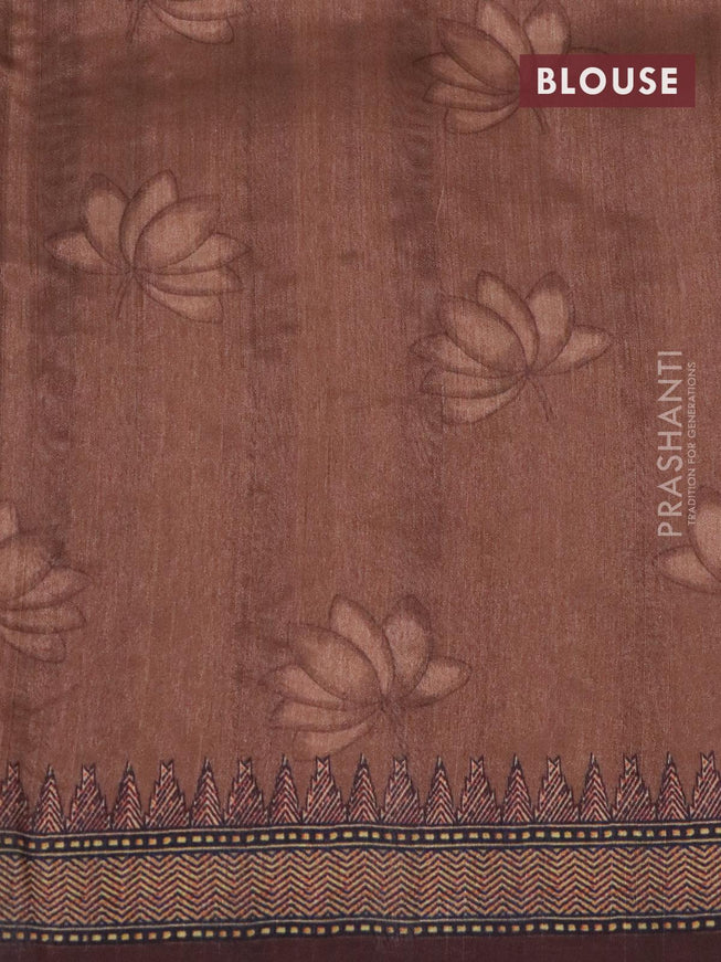 Semi tussar saree grey and brown with kalamkari prints & mirror embroidery work and vidarbha style border