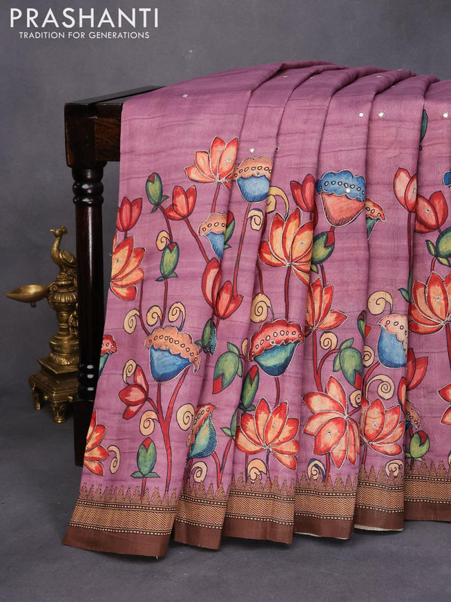 Semi tussar saree mauve pink and brown with kalamkari prints & mirror embroidery work and vidarbha style border