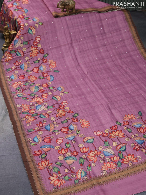 Semi tussar saree mauve pink and brown with kalamkari prints & mirror embroidery work and vidarbha style border