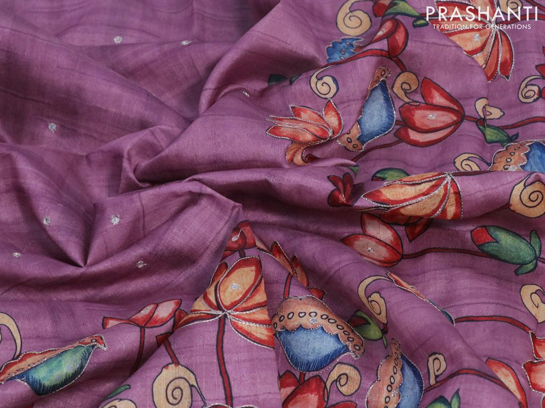 Semi tussar saree mauve pink and brown with kalamkari prints & mirror embroidery work and vidarbha style border