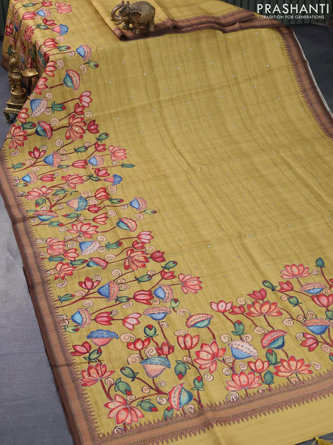 Semi tussar saree mehendi green and brown with kalamkari prints & mirror embroidery work and vidarbha style border