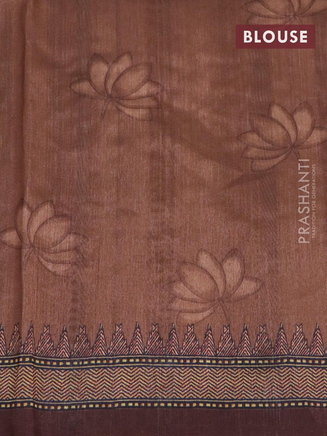 Semi tussar saree mehendi green and brown with kalamkari prints & mirror embroidery work and vidarbha style border