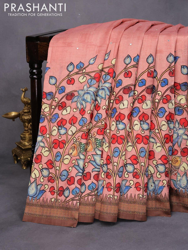 Semi tussar saree pastel peach and brown with kalamkari prints & mirror embroidery work and vidarbha style border