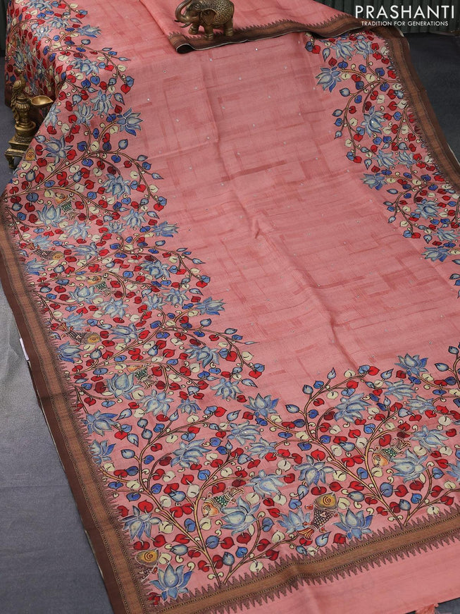 Semi tussar saree pastel peach and brown with kalamkari prints & mirror embroidery work and vidarbha style border