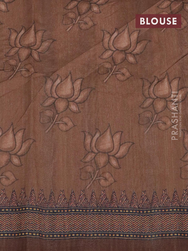 Semi tussar saree pastel peach and brown with kalamkari prints & mirror embroidery work and vidarbha style border