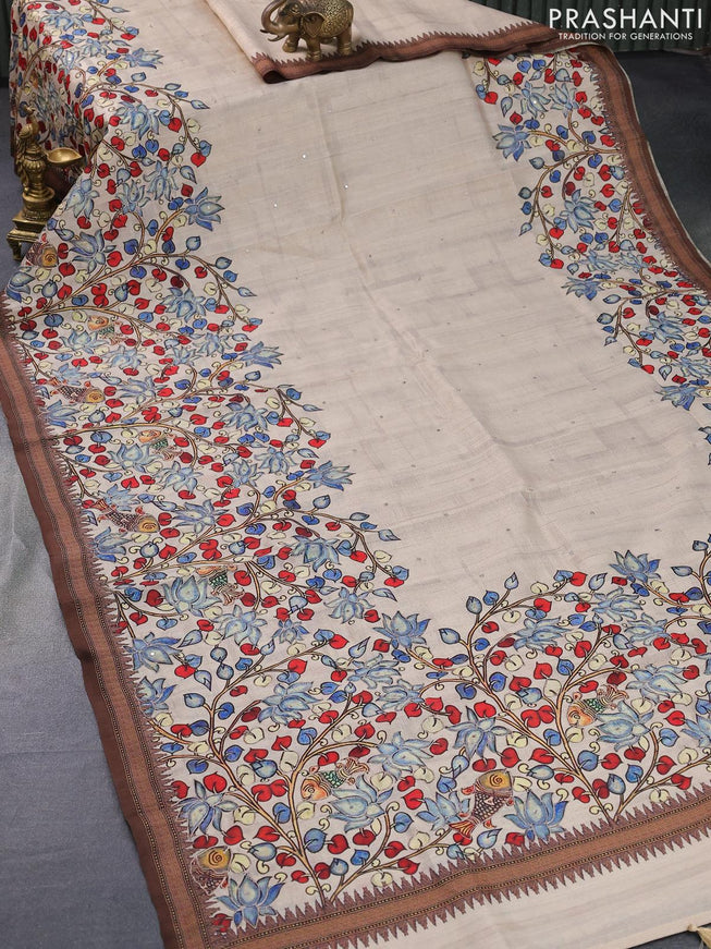 Semi tussar saree beige and brown with kalamkari prints & mirror embroidery work and vidarbha style border