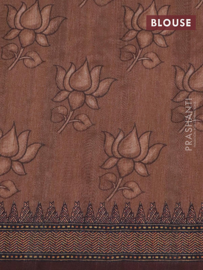 Semi tussar saree beige and brown with kalamkari prints & mirror embroidery work and vidarbha style border