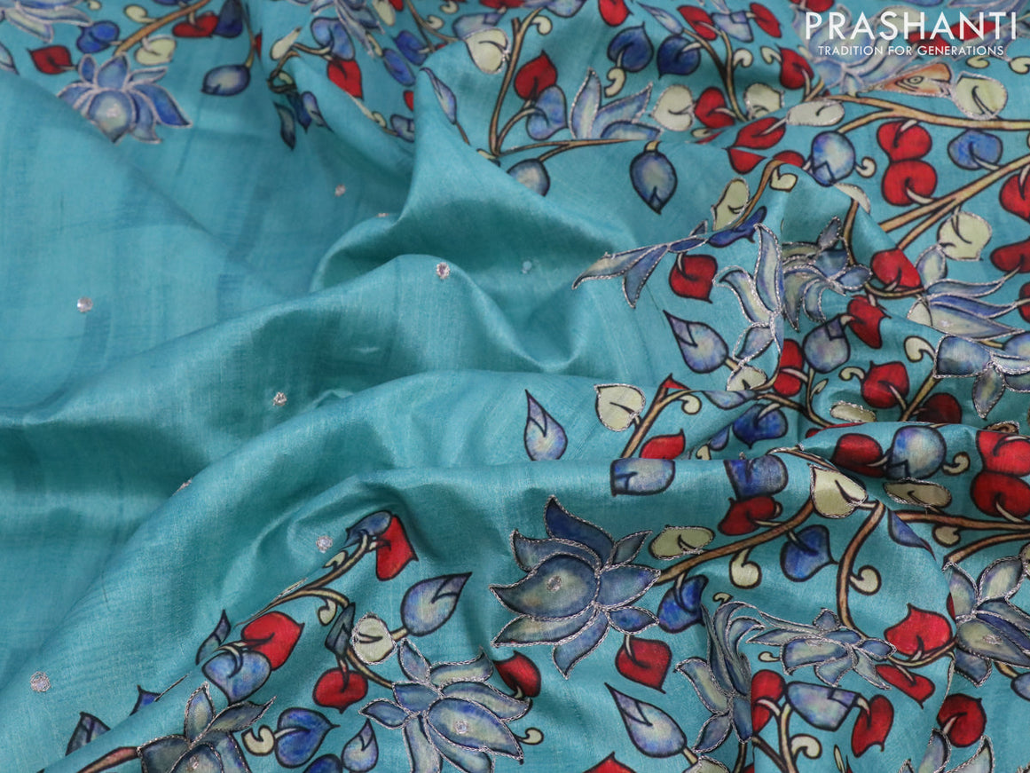 Semi tussar saree teal blue and brown with kalamkari prints & mirror embroidery work and vidarbha style border