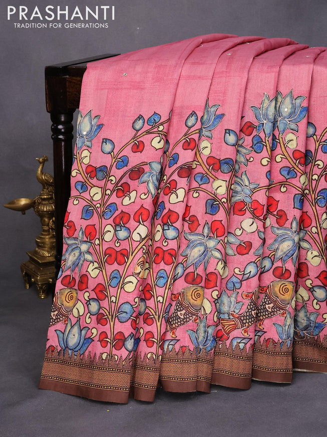 Semi tussar saree pink and brown with kalamkari prints & mirror embroidery work and vidarbha style border