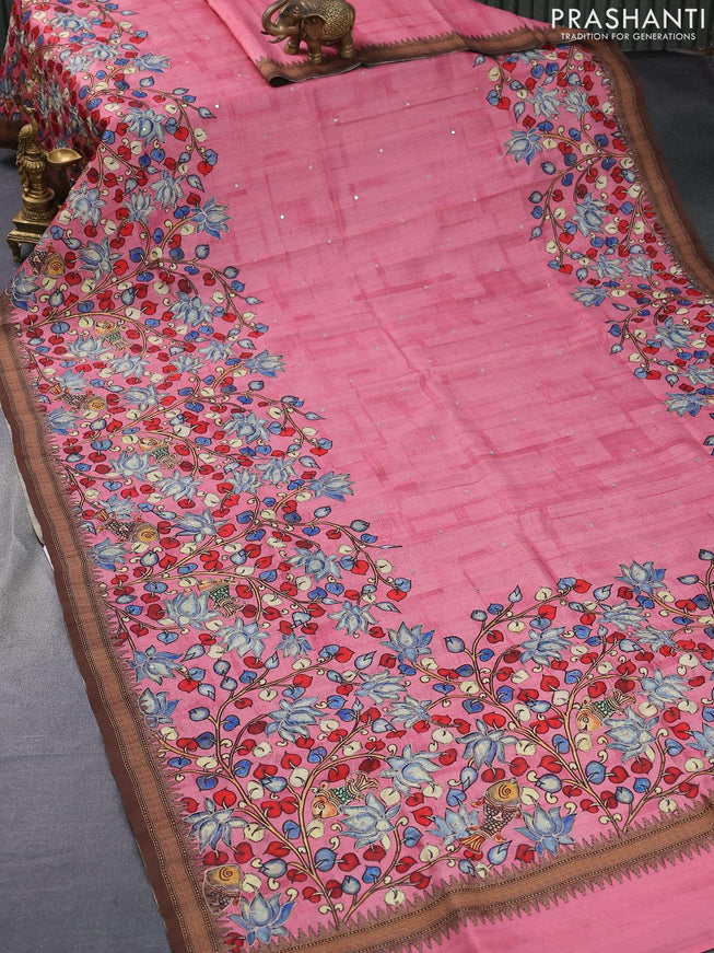 Semi tussar saree pink and brown with kalamkari prints & mirror embroidery work and vidarbha style border