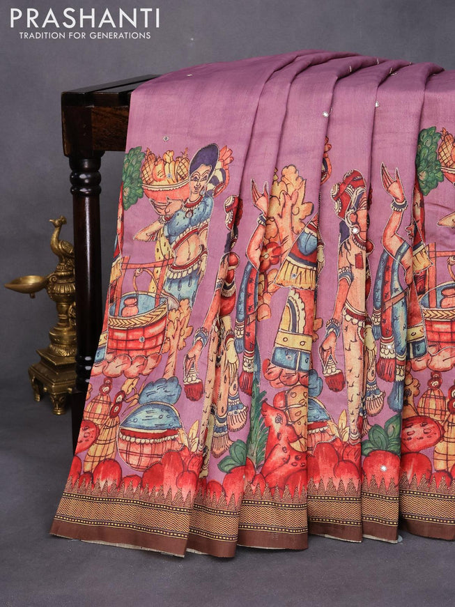 Semi tussar saree mauve pink and brown with kalamkari prints & mirror embroidery work and vidarbha style border