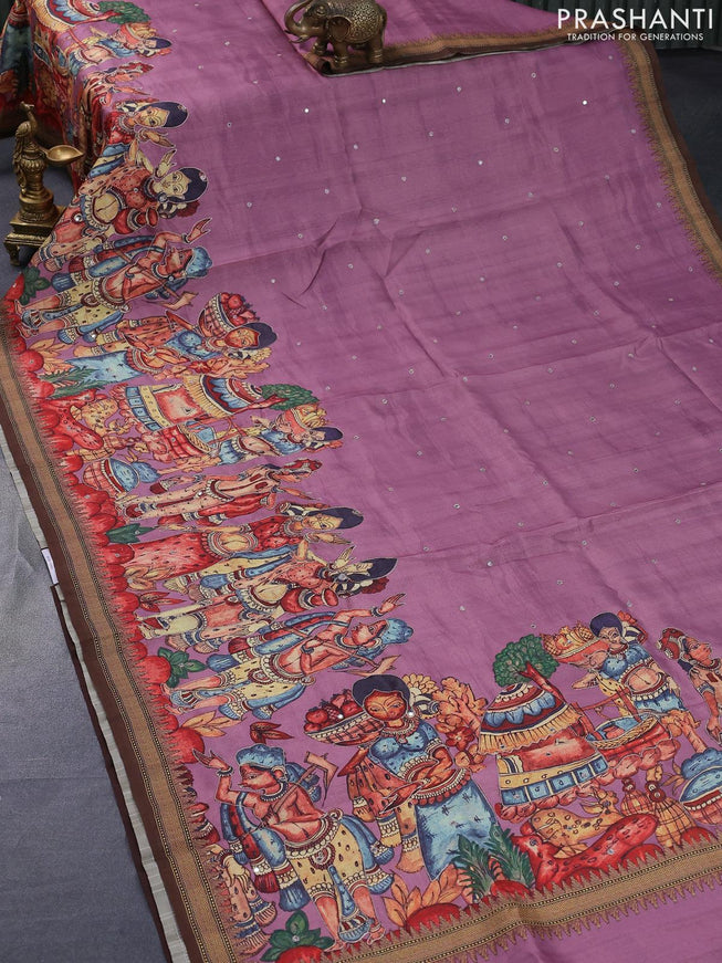 Semi tussar saree mauve pink and brown with kalamkari prints & mirror embroidery work and vidarbha style border