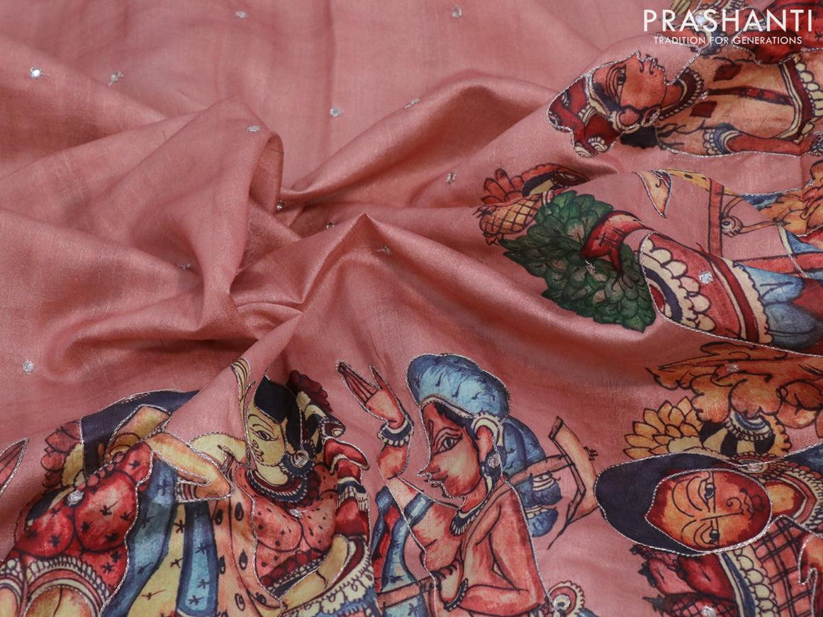 Semi tussar saree pastel peach orange and brown with kalamkari prints & mirror embroidery work and vidarbha style border