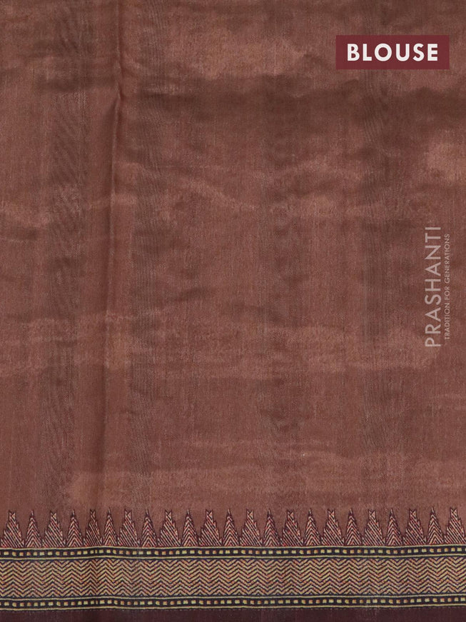 Semi tussar saree pastel peach orange and brown with kalamkari prints & mirror embroidery work and vidarbha style border