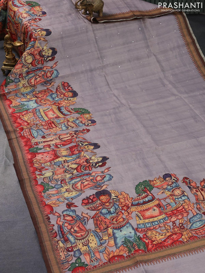 Semi tussar saree grey with kalamkari prints & mirror embroidery work and vidarbha style border