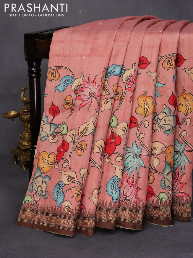 Semi tussar saree pastel peach and brown with kalamkari prints & mirror embroidery work and vidarbha style border