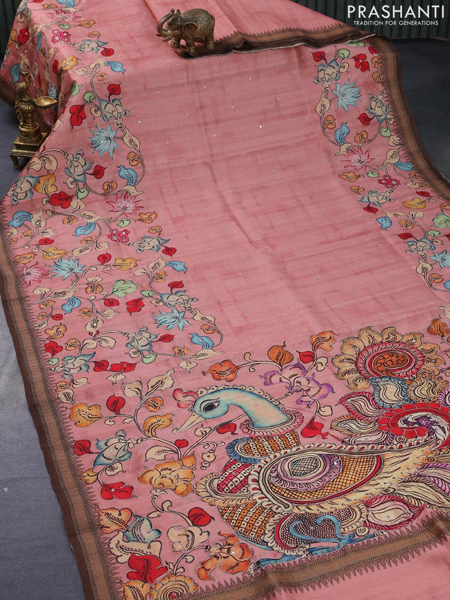 Semi tussar saree pastel peach and brown with kalamkari prints & mirror embroidery work and vidarbha style border