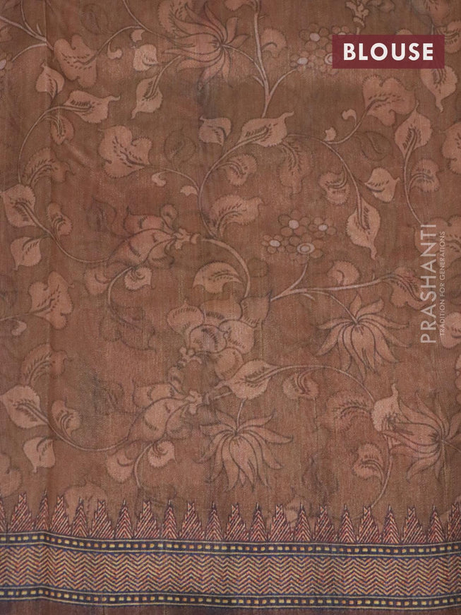 Semi tussar saree pastel peach and brown with kalamkari prints & mirror embroidery work and vidarbha style border