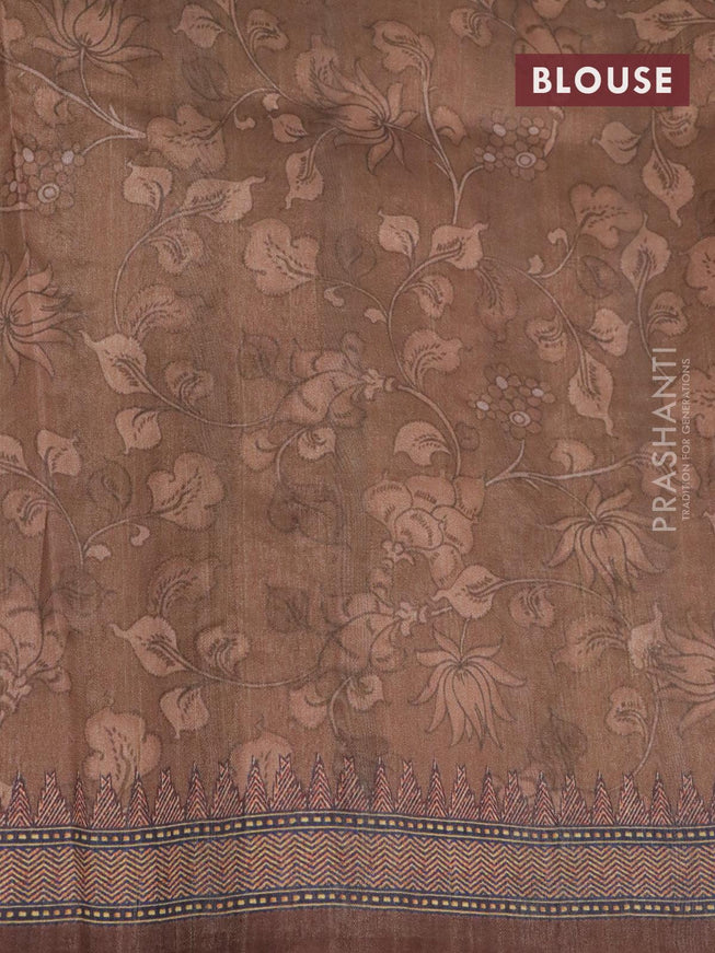 Semi tussar saree pastel green and brown with kalamkari prints & mirror embroidery work and vidarbha style border