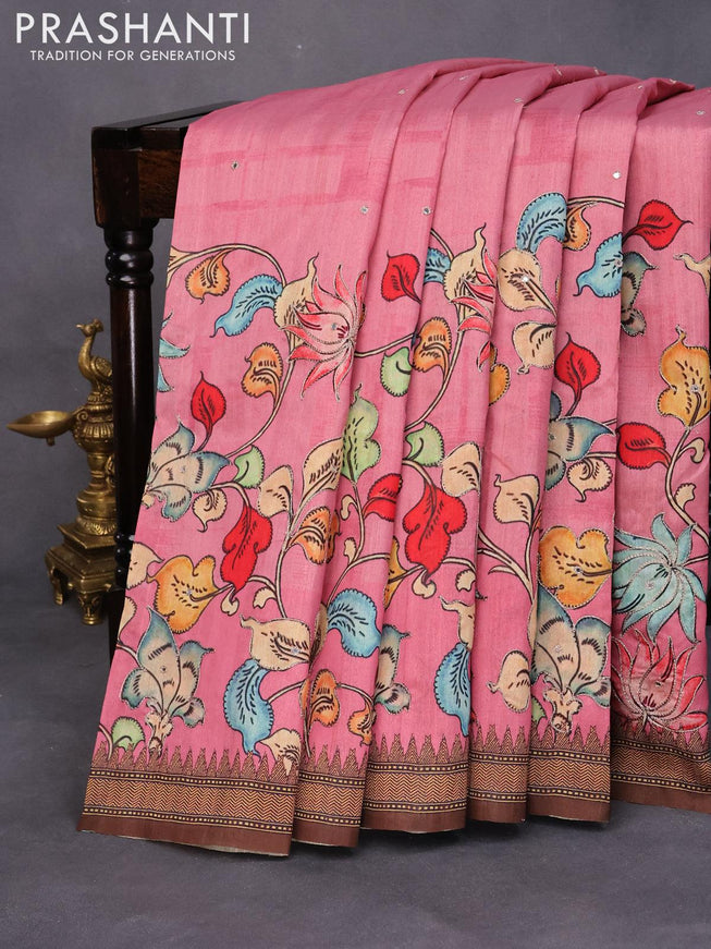 Semi tussar saree pink and brown with kalamkari prints & mirror embroidery work and vidarbha style border