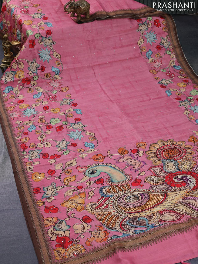 Semi tussar saree pink and brown with kalamkari prints & mirror embroidery work and vidarbha style border