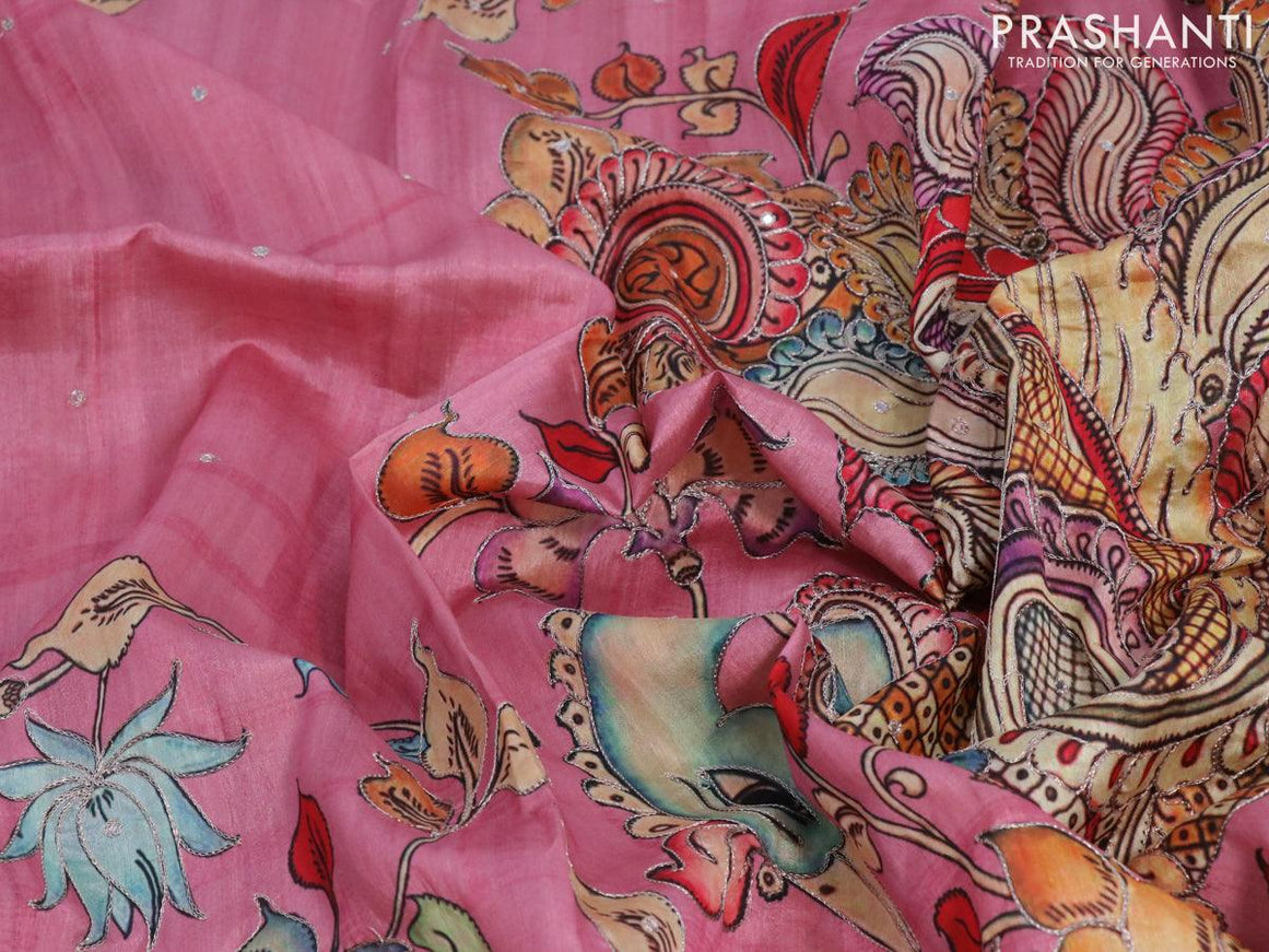 Semi tussar saree pink and brown with kalamkari prints & mirror embroidery work and vidarbha style border