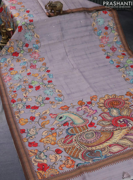 Semi tussar saree grey and brown with kalamkari prints & mirror embroidery work and vidarbha style border