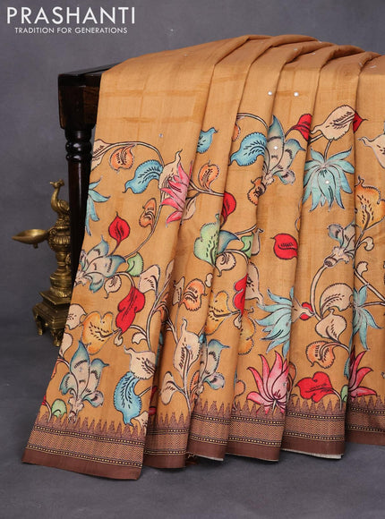 Semi tussar saree dark mustard and brown with kalamkari prints & mirror embroidery work and vidarbha style border