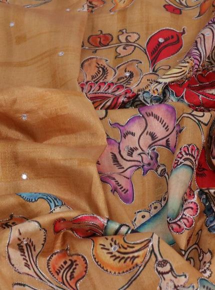 Semi tussar saree dark mustard and brown with kalamkari prints & mirror embroidery work and vidarbha style border