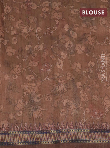 Semi tussar saree dark mustard and brown with kalamkari prints & mirror embroidery work and vidarbha style border