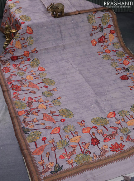 Semi tussar saree grey and brown with pichwai prints & mirror embroidery work and vidarbha style border