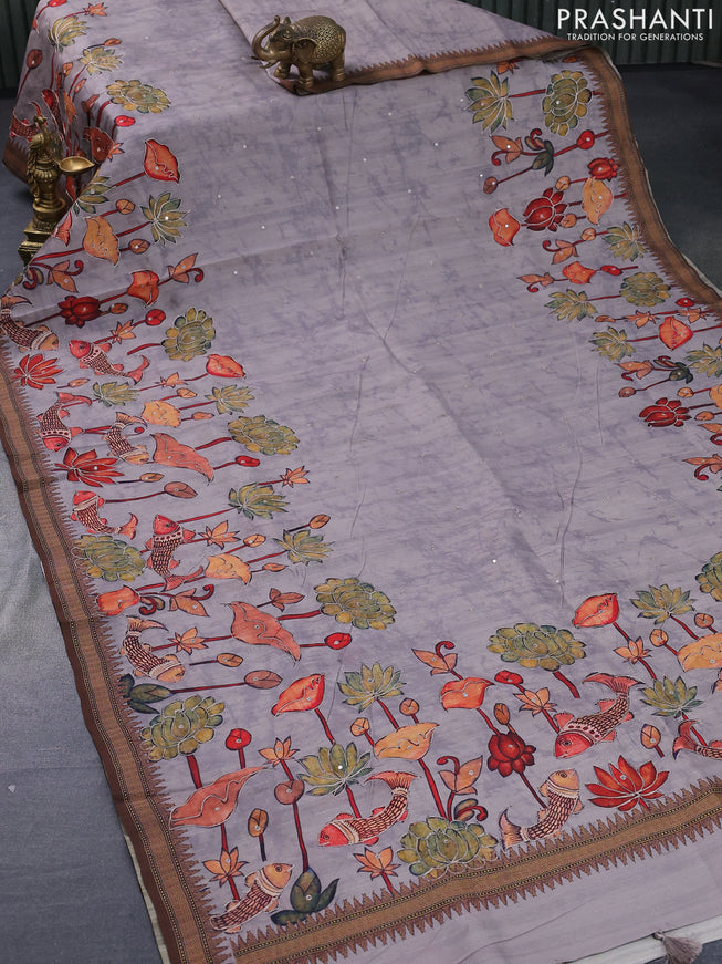 Semi tussar saree grey and brown with pichwai prints & mirror embroidery work and vidarbha style border