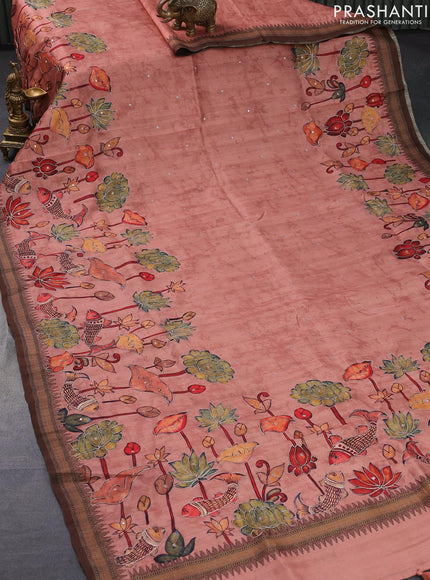 Semi tussar saree pastel peach and brown with pichwai prints & mirror embroidery work and vidarbha style border