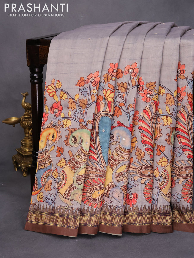 Semi tussar saree grey and brown with kalamkari prints & mirror embroidery work and vidarbha style border