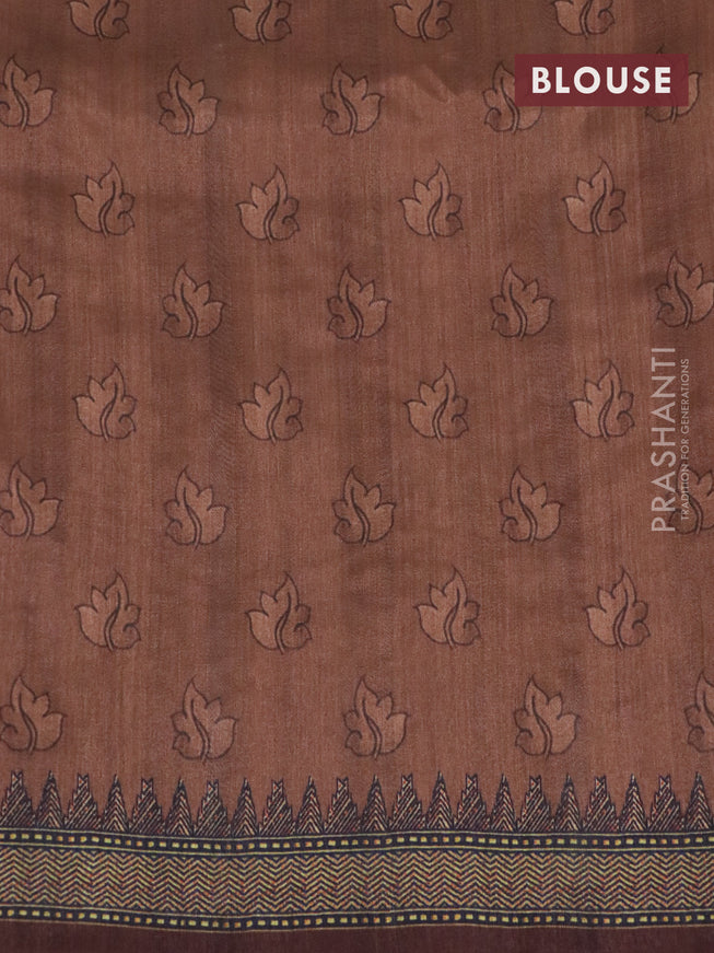 Semi tussar saree grey and brown with kalamkari prints & mirror embroidery work and vidarbha style border