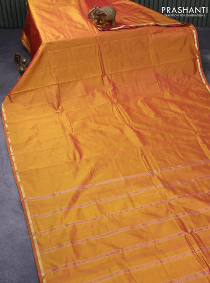 Kanjivaram silk saree dual shade of mustard yellow with plain body and small zari woven border