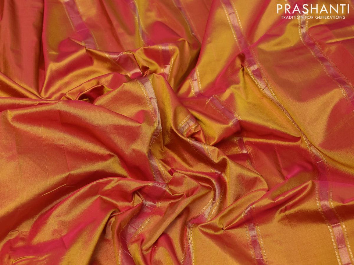 Kanjivaram silk saree dual shade of mustard yellow with plain body and small zari woven border