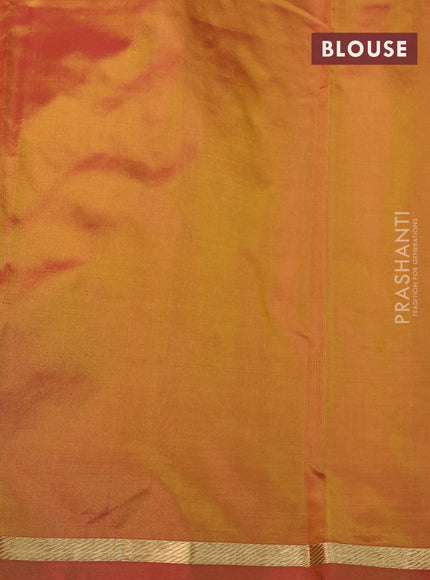 Kanjivaram silk saree dual shade of mustard yellow with plain body and small zari woven border