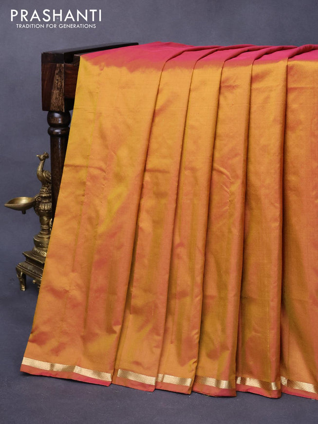 Kanjivaram silk saree dual shade of mustard with plain body and small zari woven border