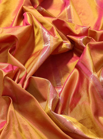 Kanjivaram silk saree dual shade of mustard with plain body and small zari woven border