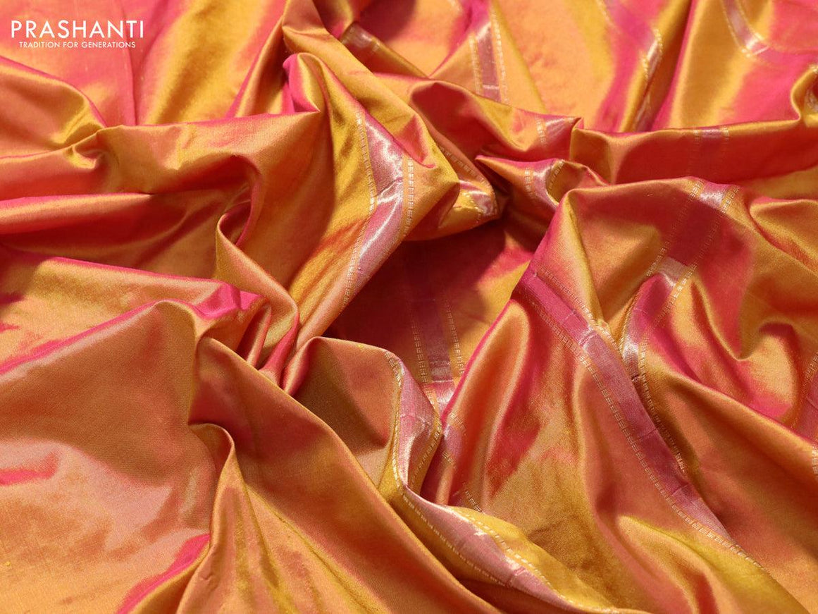 Kanjivaram silk saree dual shade of mustard with plain body and small zari woven border