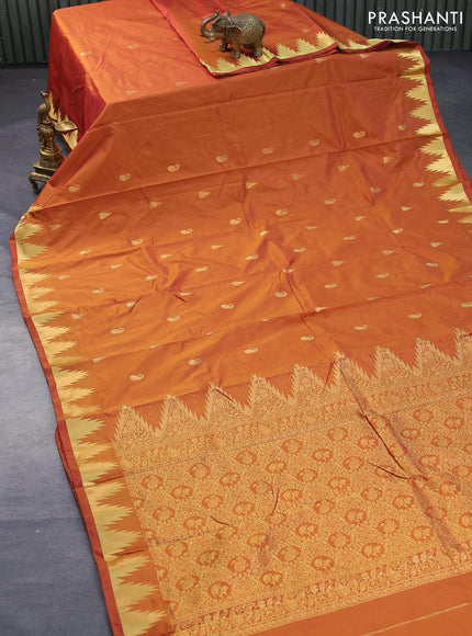 Kanjivaram silk saree dual shade of mustard with temple & paisley zari woven buttas and temple design zari woven border